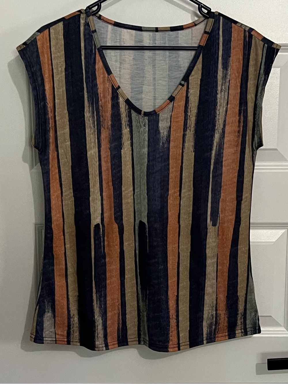190 - SHEIN Vertical Stripe V-Neck Short Sleeve Top in Navy, Brown, and Olive